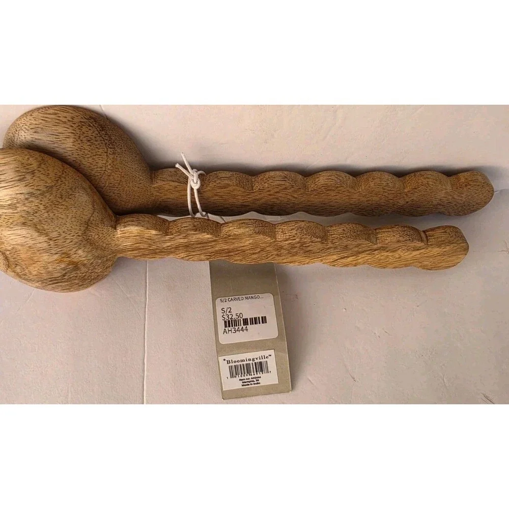 Boho Farmhouse Mango Wood Salad Tongs Server Set Wavy Scalloped Handle 9.75